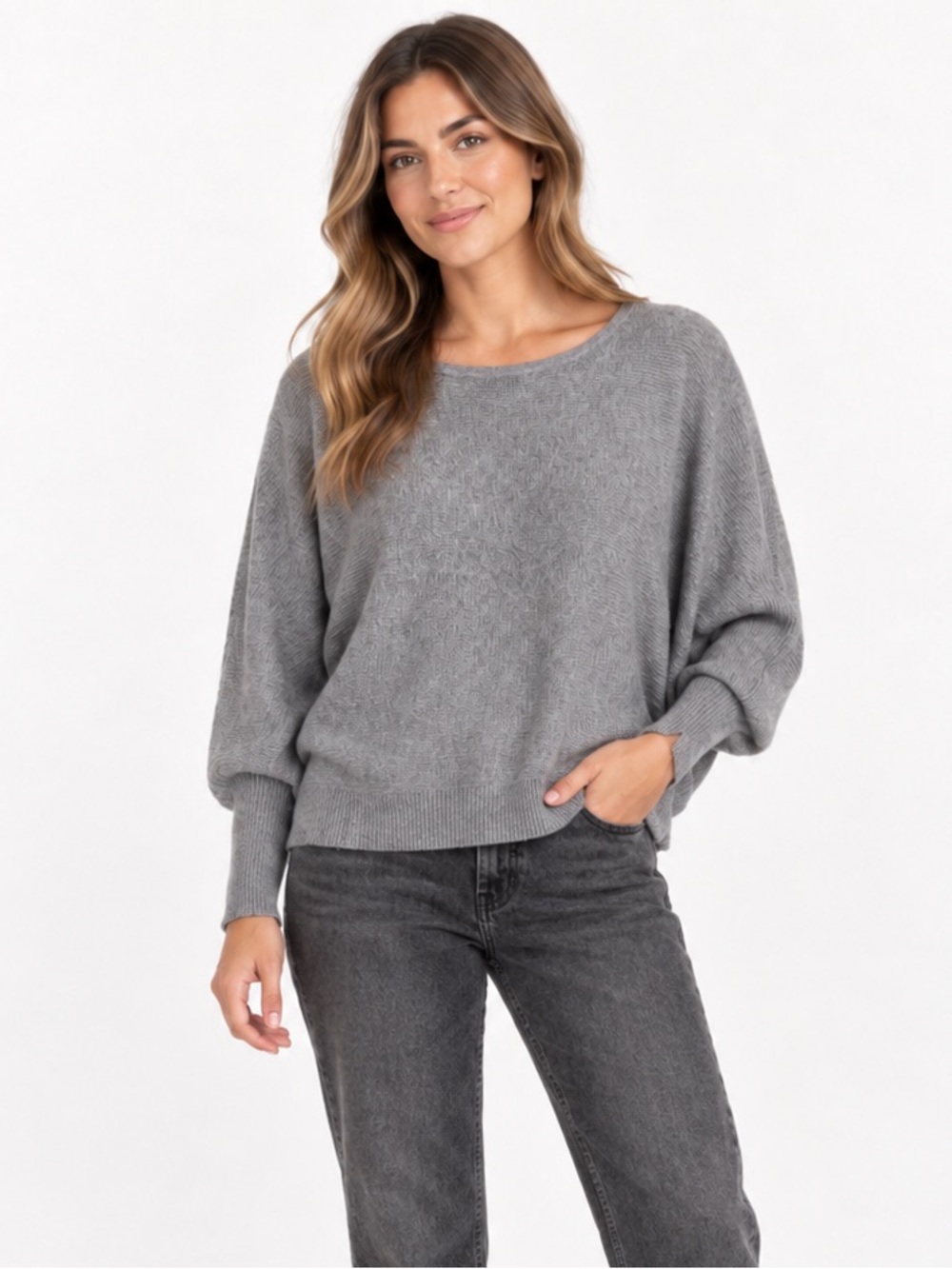 T Tahari Gray Ribbed Boatneck Sweater SZ L Minimalist